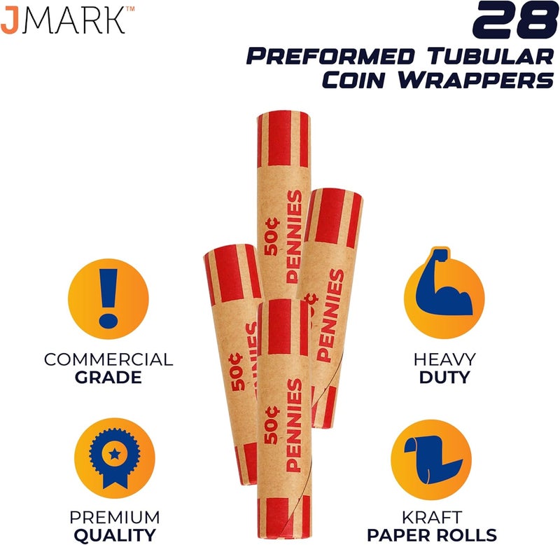 J MARK Burst Resistant Preformed Penny Coin Roll Wrappers, Made in USA, 28-Count Heavy Duty Penny Wrappers for Coins Cartridge-Style Coin Roller Tubes, Includes Coin Deposit Slip - Image 3